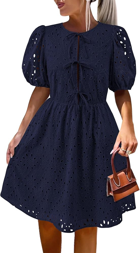 KIRUNDO Womens Boho Summer Dresses 2025 Puff Sleeve Eyelet Tie Front Hollow Out Lace Cotton Beach... | Amazon (US)