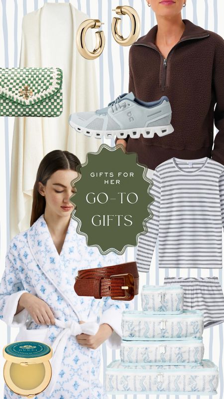 My go-to gift ideas for women. I’ve given many of these gifts (in some form) many times and they are always well-loved! 

Cashmere wrap from Jcrew on sale, gold hoop earrings, Varley fleece brown pullover, OnCloud blue women’s sneakers, blue floral robe, striped pajamas, LAKE pjs, brown belt, packing cubes, chapstick, lip moisturizer, gift ideas for her, gift guide for mom, sister, friend, grandmother 

#LTKstyletip #LTKGiftGuide #LTKfindsunder100
