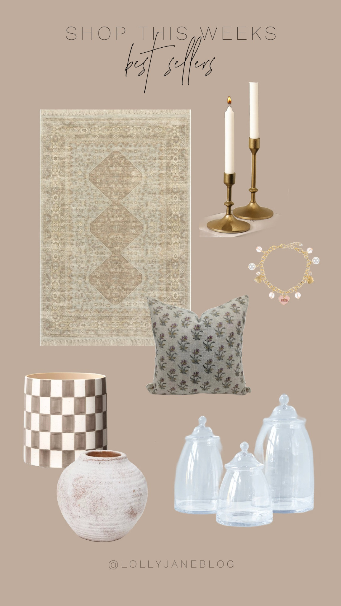Shop this weeks best sellers on LTK! 

This week the best sellers are a beautiful throw pillow, a golden candle stick, a fun rug, the infamous glass canisters, vases, and charm bracelets for Valentine’s Day! 🩷

#LTKHome #LTKStyleTip #LTKGiftGuide