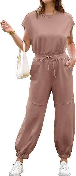 Simplee Women's Short Sleeve Casual Jumpsuit Loose Fit Open Back Summer Onesie Atheletic Jumpsuit... | Amazon (US)