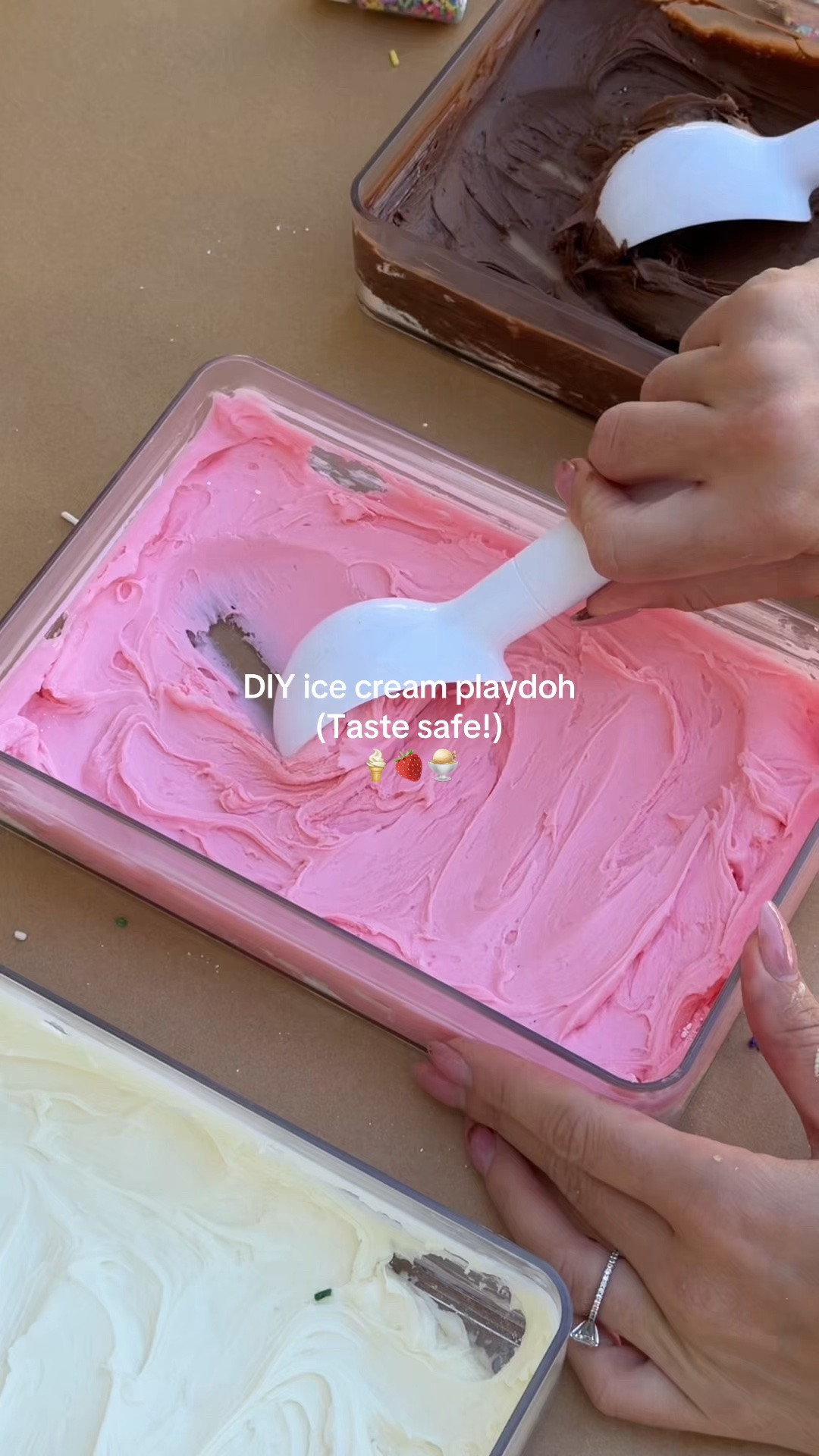 We made DIY ice cream Play-Doh that looks and feels like real ice cream, and because it's made with frosting and powdered sugar, it's completely taste-safe for little ones too! (Still meant for playing, not snacking.
The kids loved scooping their own "ice cream," decorating it with sprinkles, and playing ice cream shop!
It's one of those activities that kept them busy for so much longer than I expected, and the texture is sO soft and satisfying
Just mix powdered sugar and frosting! That's it! Plus it's taste safe
#craftymom #DIY #craftymoms

#LTKmomlife #LTKKids #LTKBaby