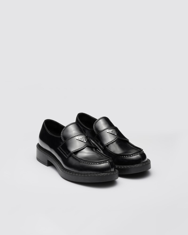 Chocolate brushed leather loafers | Prada Spa US