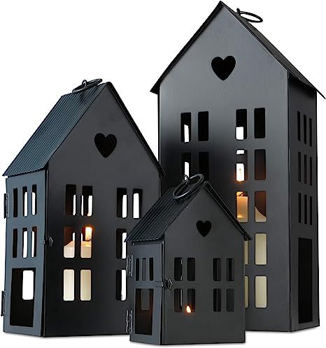 Main Street Town House Candle Lanterns, Set of 3, Vintage Style, Heart Details, Rustic Black, Met... | Amazon (US)