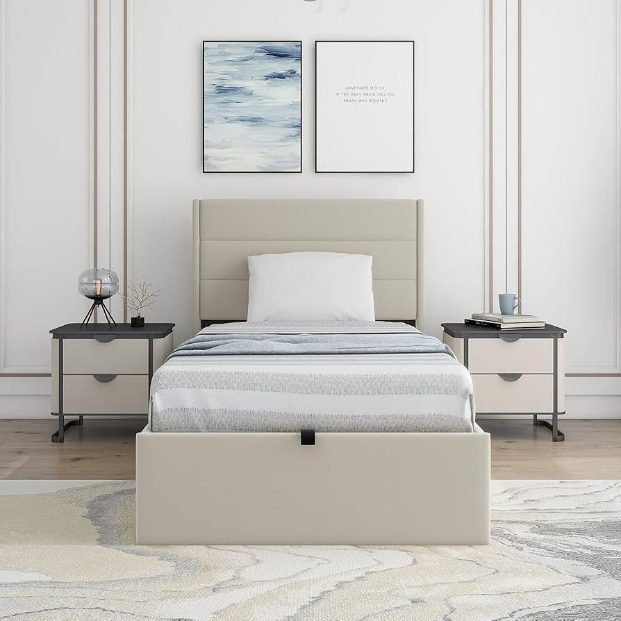 Hydraulic Lift Storage Bed Twin Beige Linen Metal Platform Bed Frame Space Saving 500lbs Weight C... | Amazon (US)