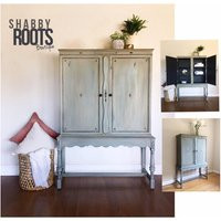 Sold- Antique Farmhouse Cabinet - Linen, Storage, Nursery, Pantry, Dininng Room. Shabby Chic Distressed Duck Egg Blue Jacobean Armoire | Etsy (US)