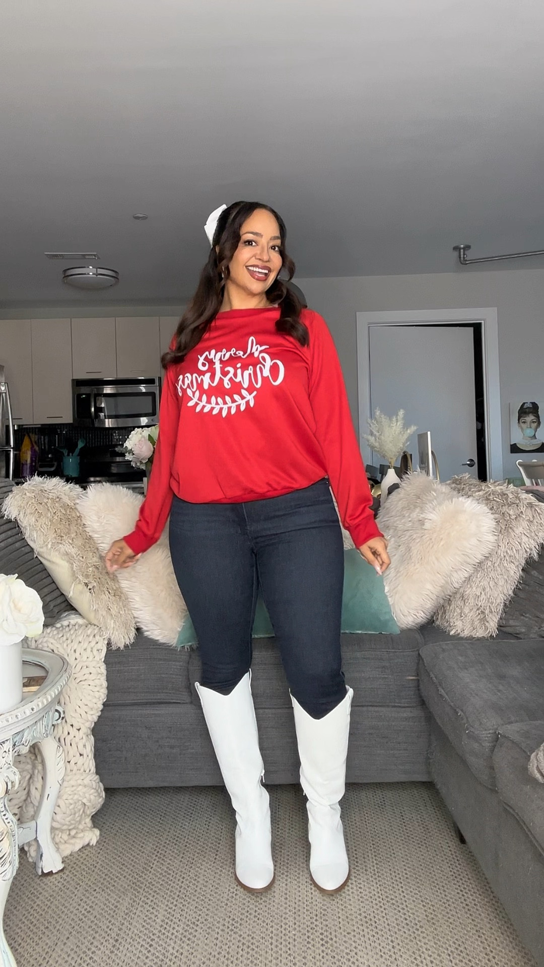 Idk about you but I’m wearing Christmas outfits until 2025 hits ❤️🎁

Sizing ⬇️

5’3 • 155 lbs
Size 8 / Medium
Bust: 34DDD
Waist: 28”
Hips: 43”
Wearing Size Medium in the sweatshirts and the 6-12 in the Always Fits Jeans

Christmas outfits, Christmas outfit, jeans, boots, cowboy boots, bow 

#LTKStyleTip #LTKHoliday #LTKFindsUnder50