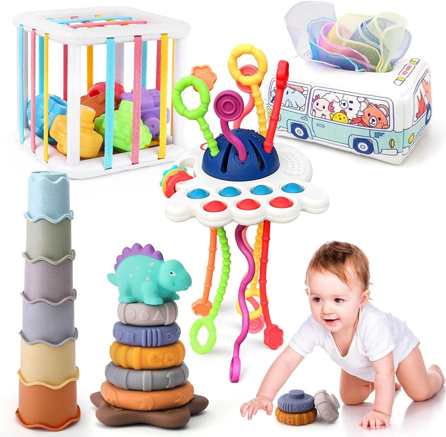 5 in 1 Baby Montessori Toys Set Include Shape Sorter Bin with Sound, Baby Tissue Box, Stacking Cu... | Amazon (US)