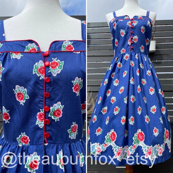 70's Royal Blue Sundress With Rose Print Sz S | Etsy | Etsy (US)