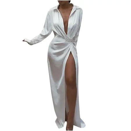muxika Maxi Dress For Women Long Sleeve High Waist Dress Solid Color Lapel Dress | Walmart (US)