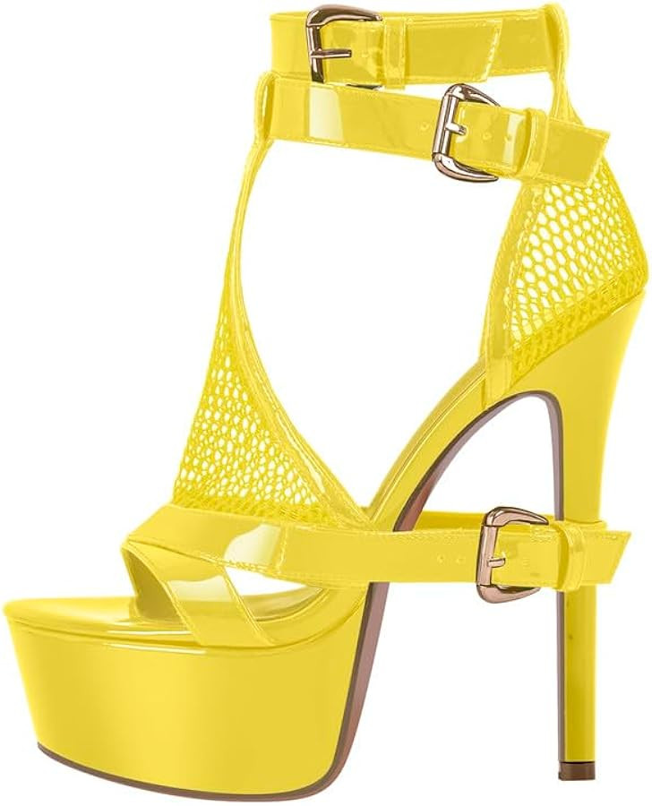 richealnini T-strap Fishnet Platform Stiletto Heels Ankle Strap Sandals | Amazon (US)