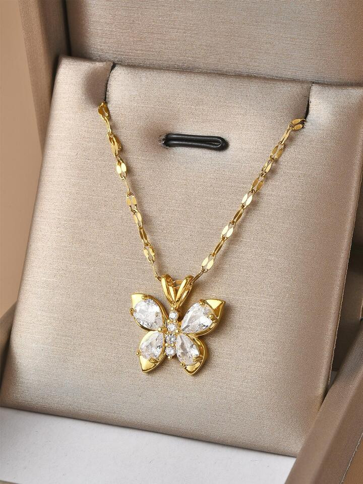 1pc Stainless Steel Zirconia Butterfly Necklace, Asymmetrical Multicolor Design, Luxurious Gift F... | SHEIN