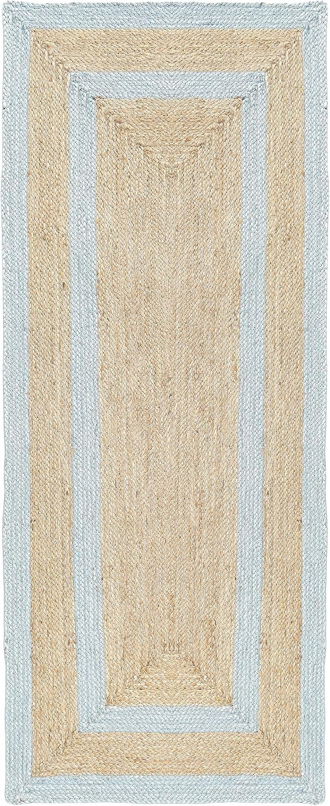 Double Border Jute Runner Rug, Pastel Blue, 2'x10' Boho Farmhouse Coastal Décor for Kitchen, Hal... | Amazon (US)
