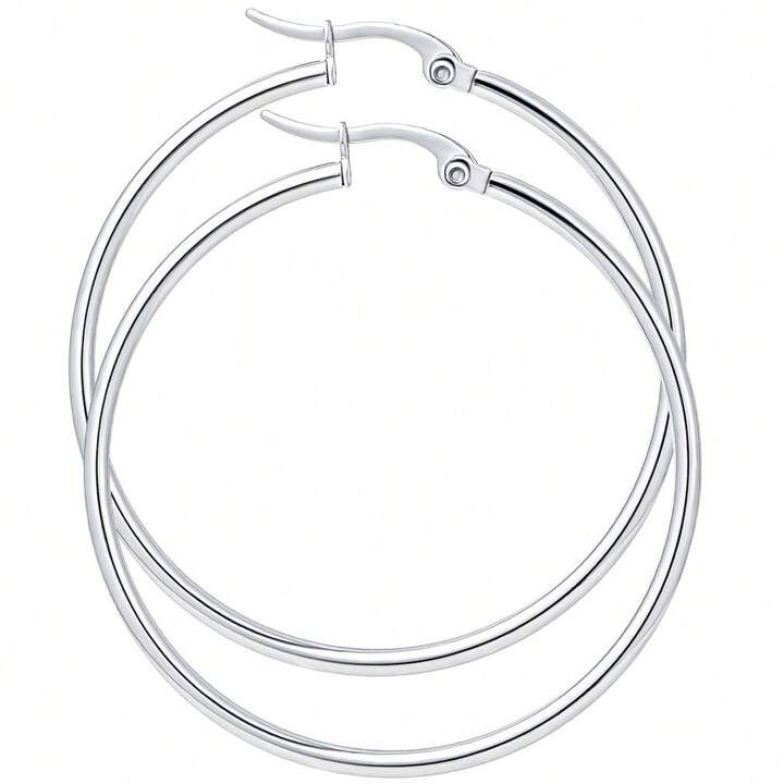 1 Pair Stainless Steel Hoop Earrings For Women Or Girls 40mm/50mm Hypoallergenic Earrings Size Avaliable 40mm/50mm Stainless Steel Rounded Hoops Earrings | SHEIN