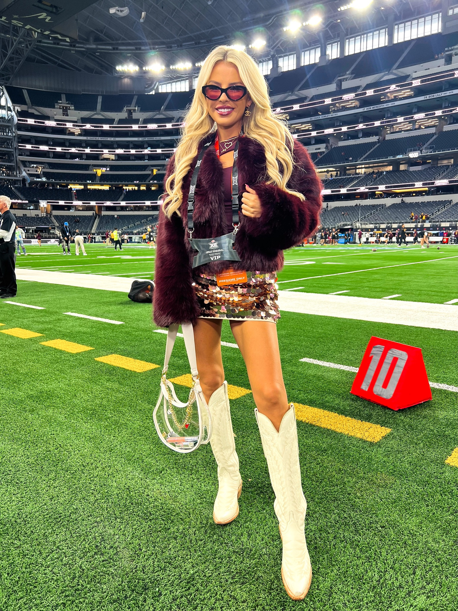 Game day outfit! Burgundy faux fur coat. White Lucchese boots 

#LTKShoeCrush #LTKSeasonal #LTKHoliday