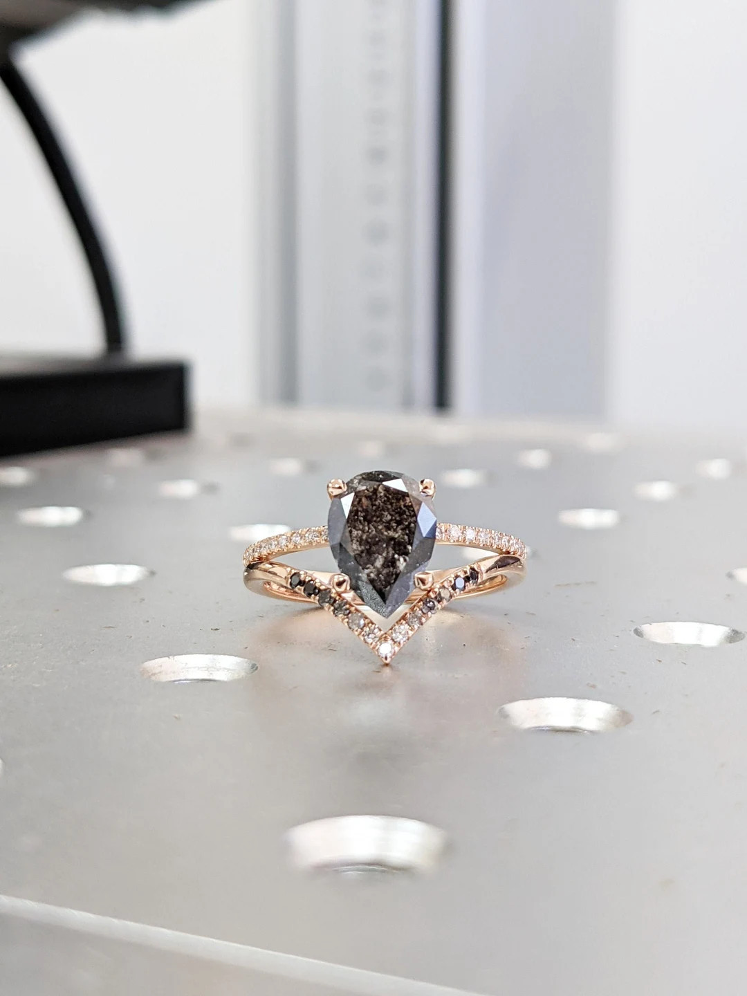 Salt and Pepper Diamond Engagement Ring, Art Deco Pear Shaped Rose Gold Wedding Ring Set, Antique... | Etsy (US)