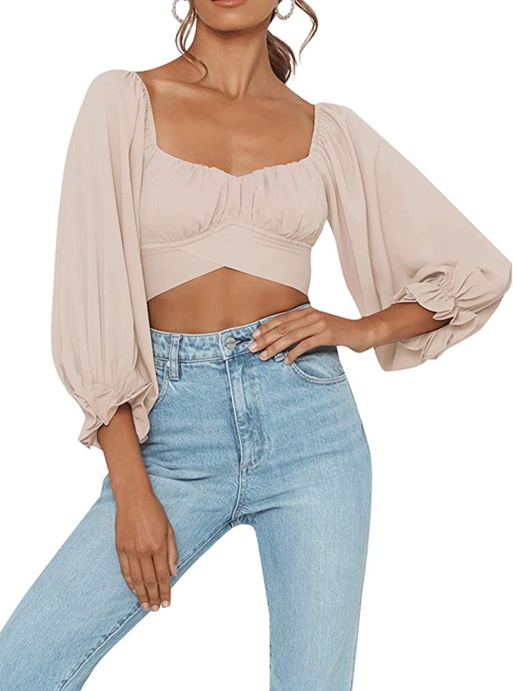 LYANER Women's Cute Off Shoulder Long Sleeve Self Tie Knot Crop Tube Top Blouse | Amazon (US)