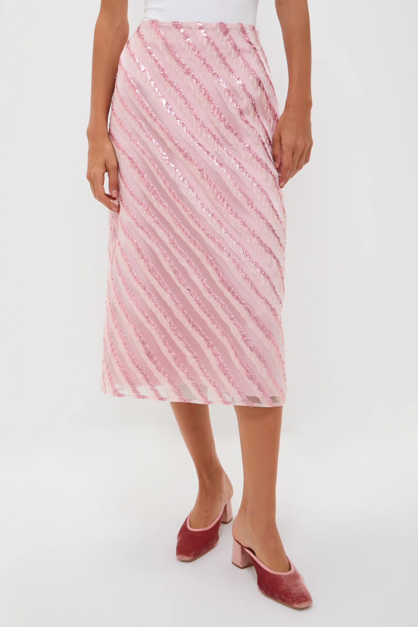 Soft Pink Shimmer Stripes Milan Midi Skirt | Tuckernuck (US)