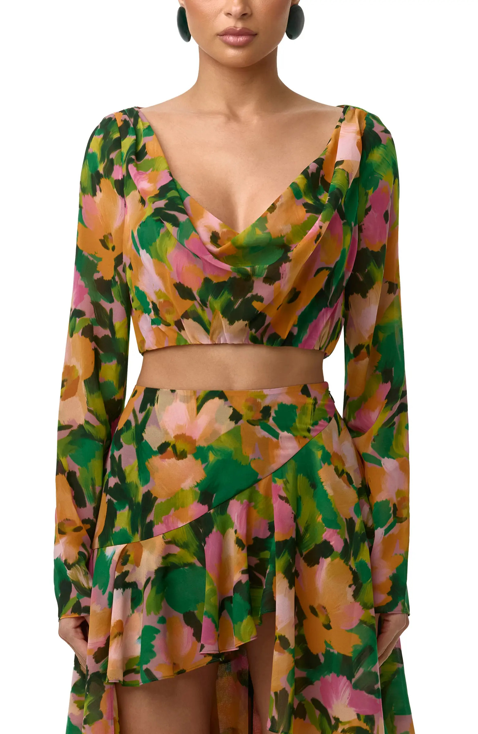 Naked Wardrobe Floral Long Sleeve Chiffon Crop Top | Nordstrom | Nordstrom