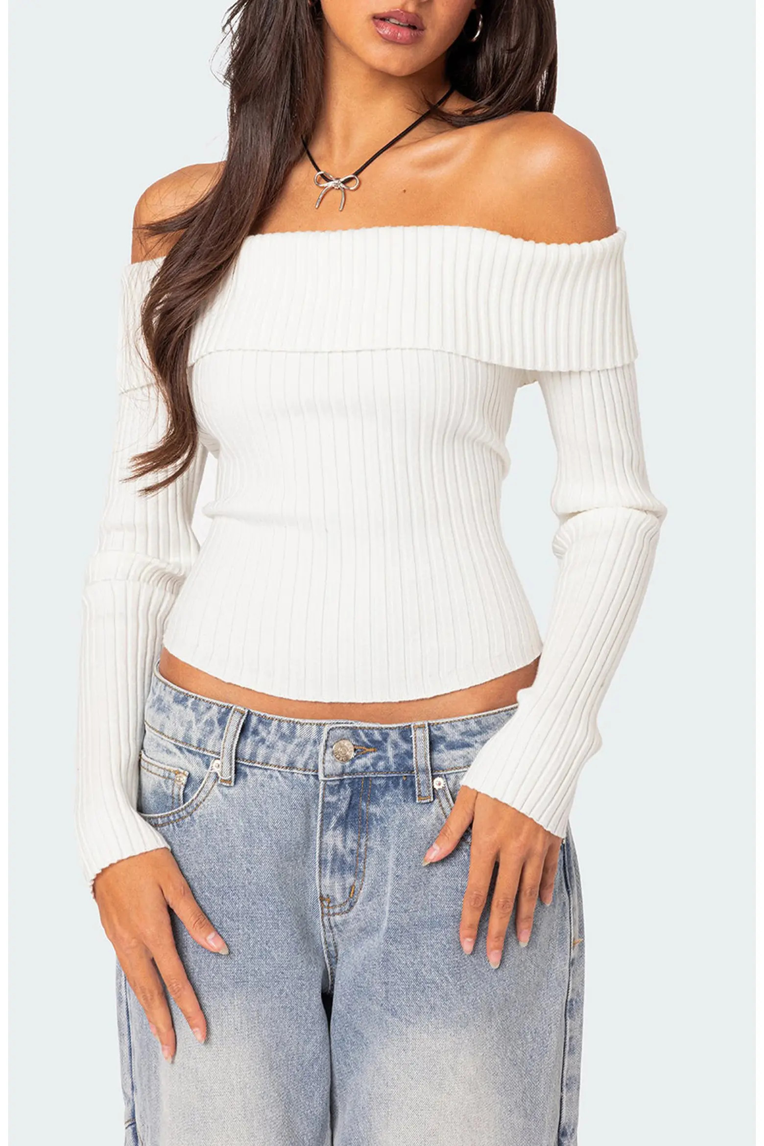 EDIKTED Lauren Foldover Off the Shoulder Rib Sweater (Women) | Nordstrom | Nordstrom