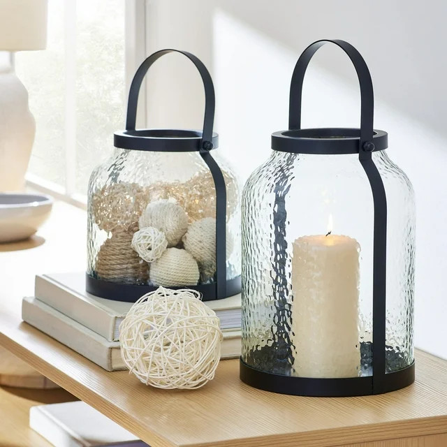Better Homes & Gardens 8" Decorative Black Metal Hammered Glass Pillar Candle Holder Lantern, Med... | Walmart (US)