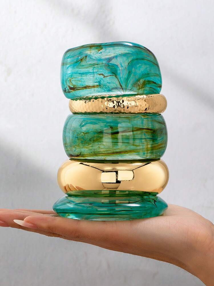 1 Pc Mix Green Color Chunky Resin Cuff Bracelet , Exaggerated Oversized Women Gold Bangles Set , ... | SHEIN