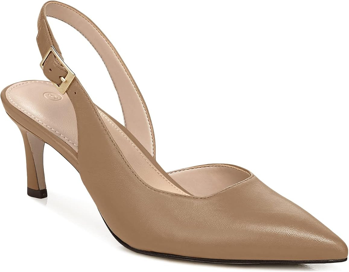 Womens Slingback Heels Low Kitten Pumps Pointed Toe Stiletto Elegant Office Dress Shoes | Amazon (US)