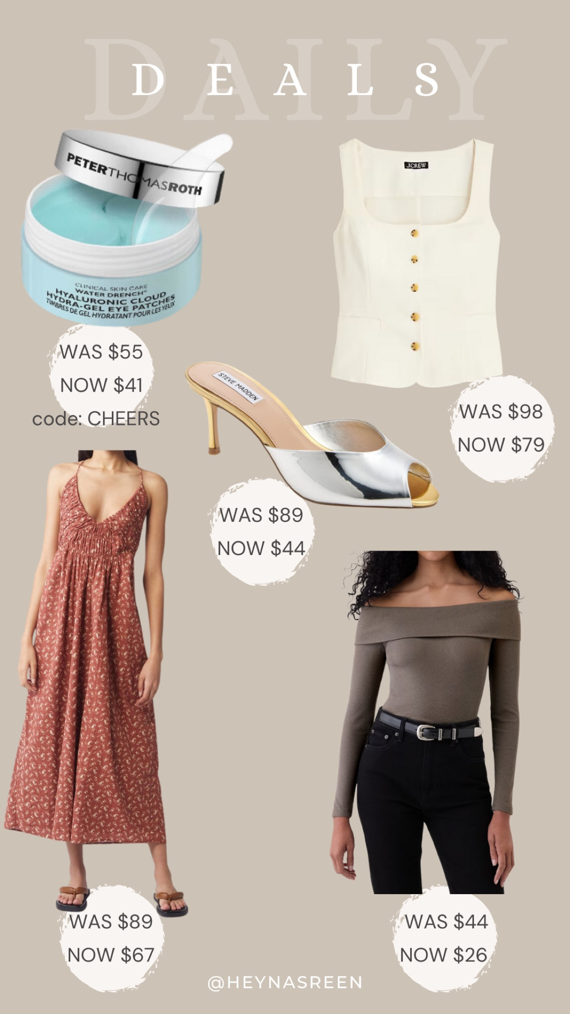 Daily deals on Peter Thomas Roth eye gels, J.Crew vest, Steve Madden heels, Treasure & Bond dress, Gap top

#LTKSaleAlert
