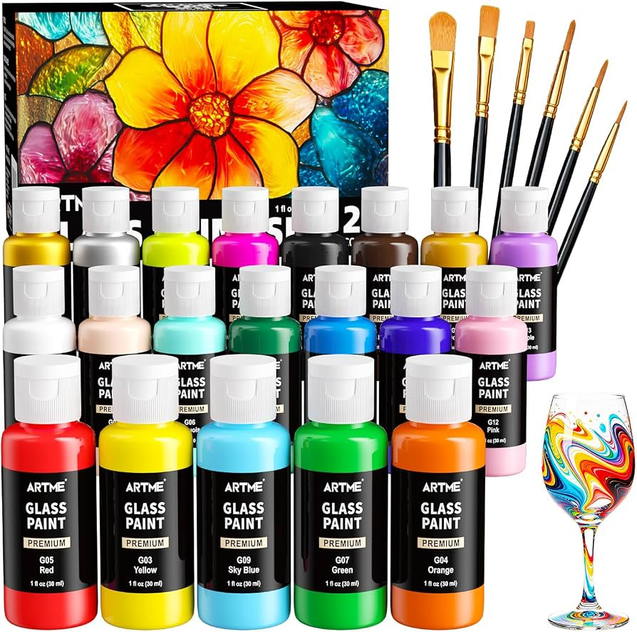 Artme 20 Colors Stained Glass Paint Set with 6 Brushes, Waterproof Permanent Acrylic Ceramic & Gl... | Amazon (US)