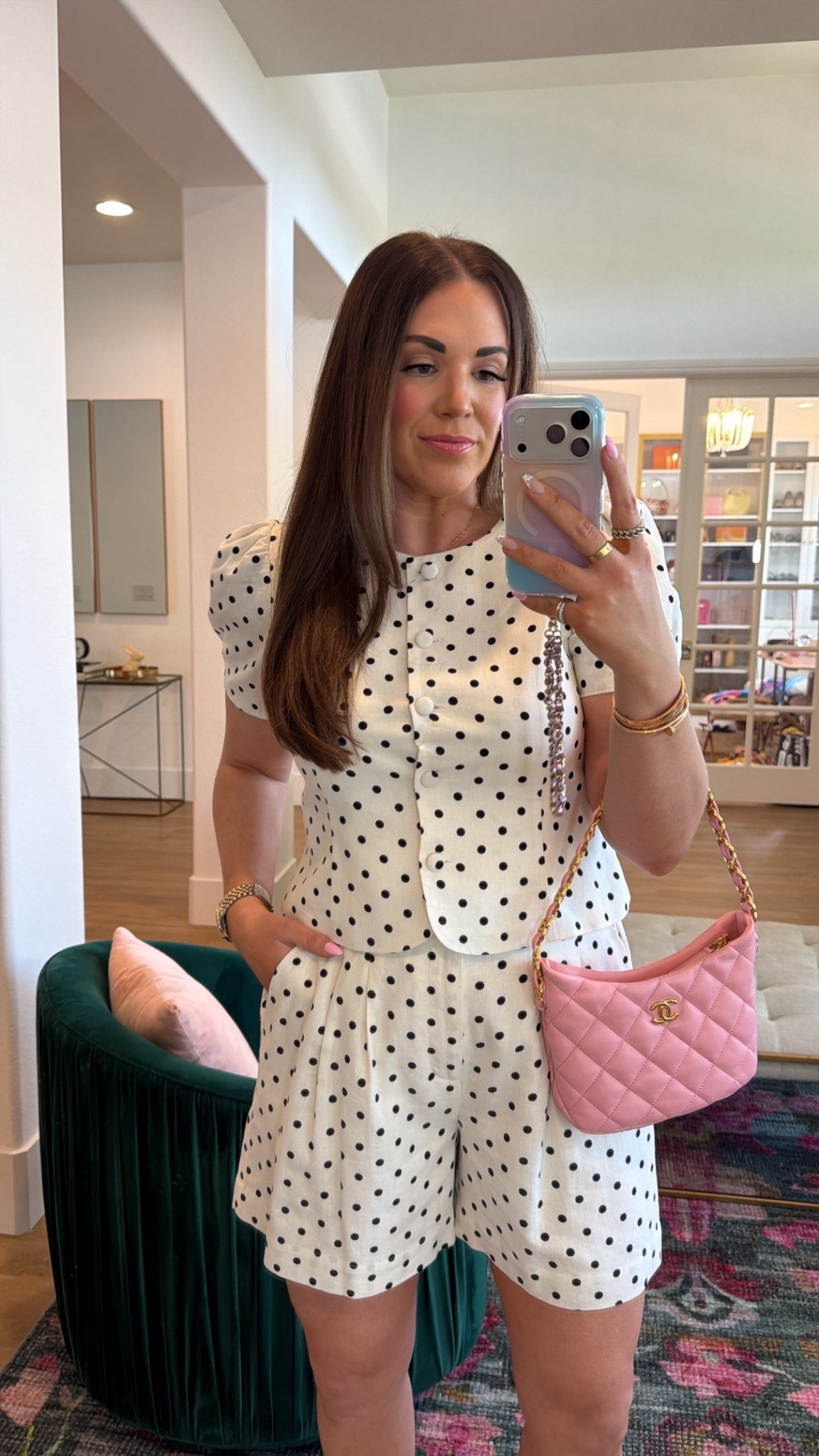 curvy midsize white and black polka dot set for spring! wearing size large in top and large in pleated shorts 

#LTKSeasonal #LTKMidsize