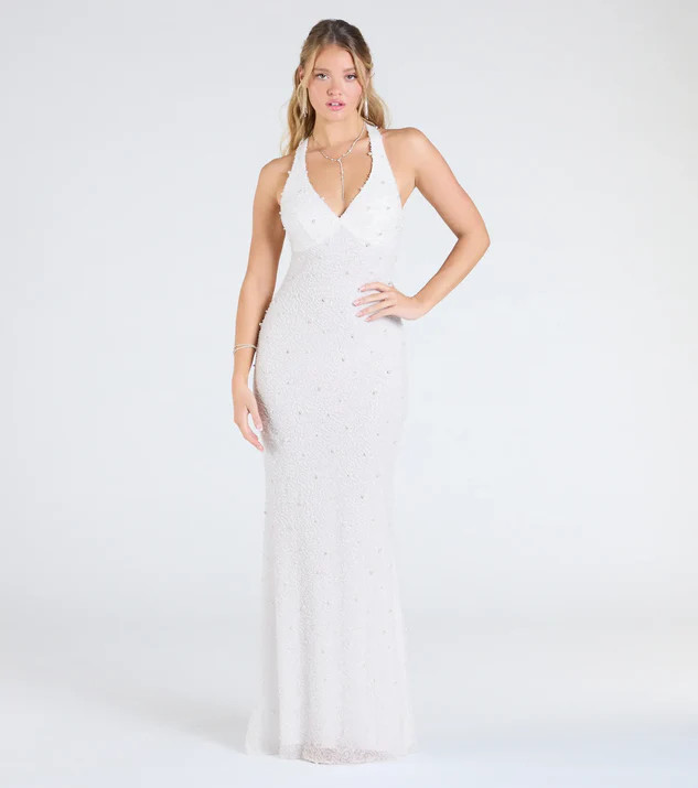 Tyra Halter Open Back Pearl Mermaid Formal Dress | Windsor Stores