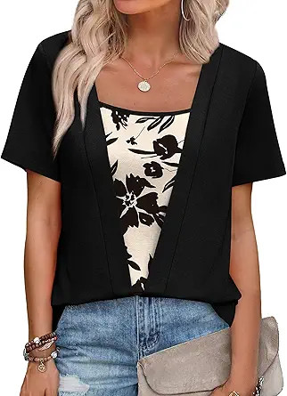 WIHOLL Womens Summer Tops Trendy 2 in 1 Blouses Short Sleeve Shirts Casual T Shirts Beach Vacatio... | Amazon (US)