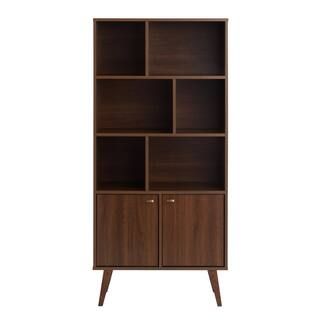 Milo 62.25 in. Tall Cherry 6-Shelf Engineered Wood Mid-Century Modern Off-Set Bookcase w/ Two Doo... | The Home Depot