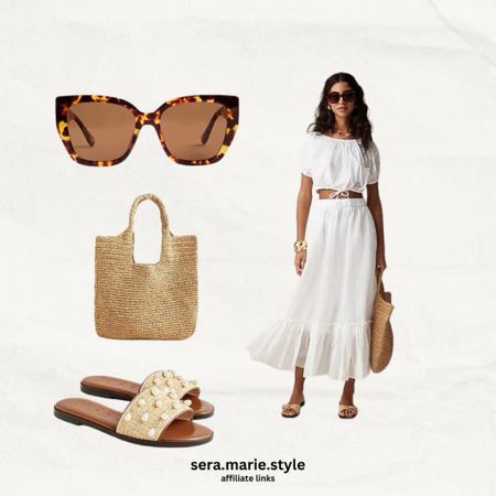 I crew style 
Jcrew outfit 
Matching set 
White skirt 
White top 
Woven bag 
Cropped top 
Summer style 
Summer outfit 
Vacation outfit 
Beach vacation style 
Europe vacation fashion 
Pearl sandals 
Raffia sandals 
Oversized sunglasses 
Tortoise sunglasses 
Summer vibes 

#LTKFindsUnder50 #LTKStyleTip #LTKTravel