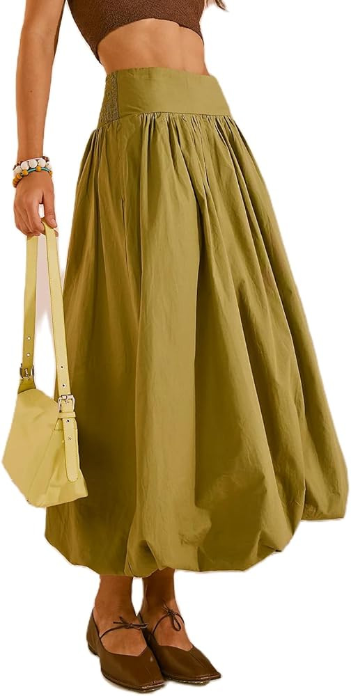 NUFIWI Women Y2k Bubble Maxi Skirt Low Elastic Waist A Line Long Skirt Summer Casual Ruffle Pleated Midi Dress | Amazon (US)