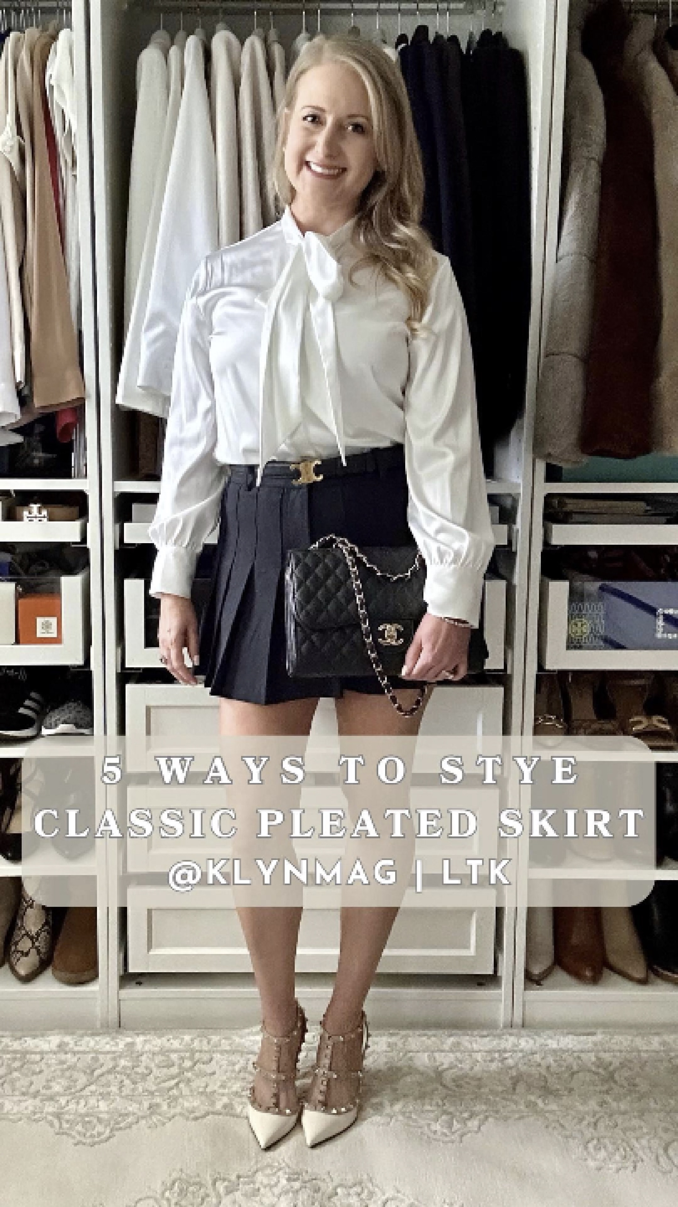 Fall Style Inspiration: Look 3 of 5 featuring Abercrombie’s chic pleated skirt! This timeless fall outfit combines a luxurious white silk blouse with sleek white Valentino Rockstud pumps and a classic black quilted shoulder bag. Perfect for any occasion, this look is effortlessly stylish. Stay tuned for more fall fashion inspo!

#LTKParties #LTKVideo #LTKHoliday