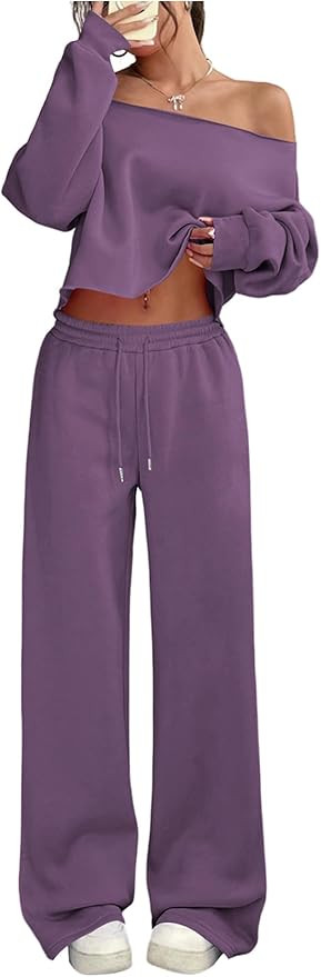 SOLY HUX Women's 2 Piece Outfits Fall Sweatsuits Off The Shoulder Crop Top Wide Leg Sweatpants Ca... | Amazon (US)