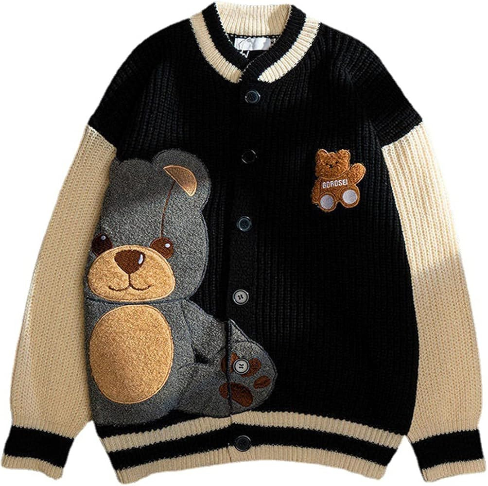 Women Varsity Sweater Button Up Knitted Cardigan Cute Bear Graphic Embroidery Jacket Top | Amazon (US)