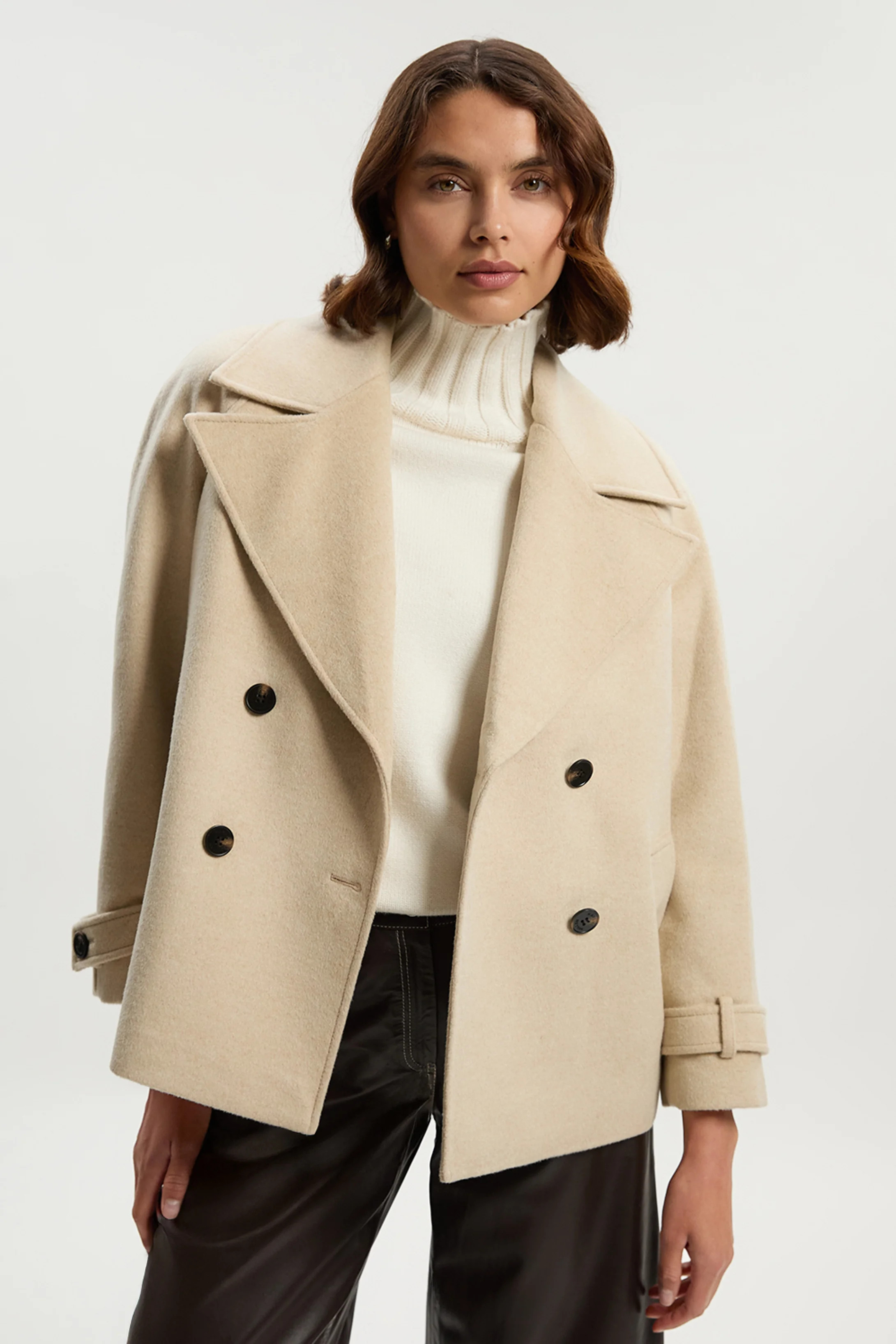 Tailored Brushed Wool Double Breasted Short Pea Coat | Karen Millen US