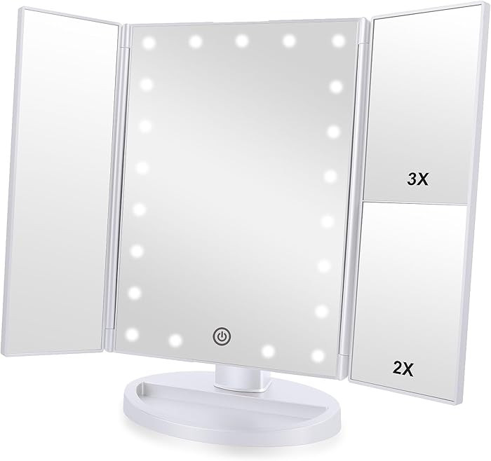 Tri-fold Lighted Vanity Makeup Mirror with 3x/2x Magnification,21 LEDs Light and Touch Screen,180... | Amazon (US)