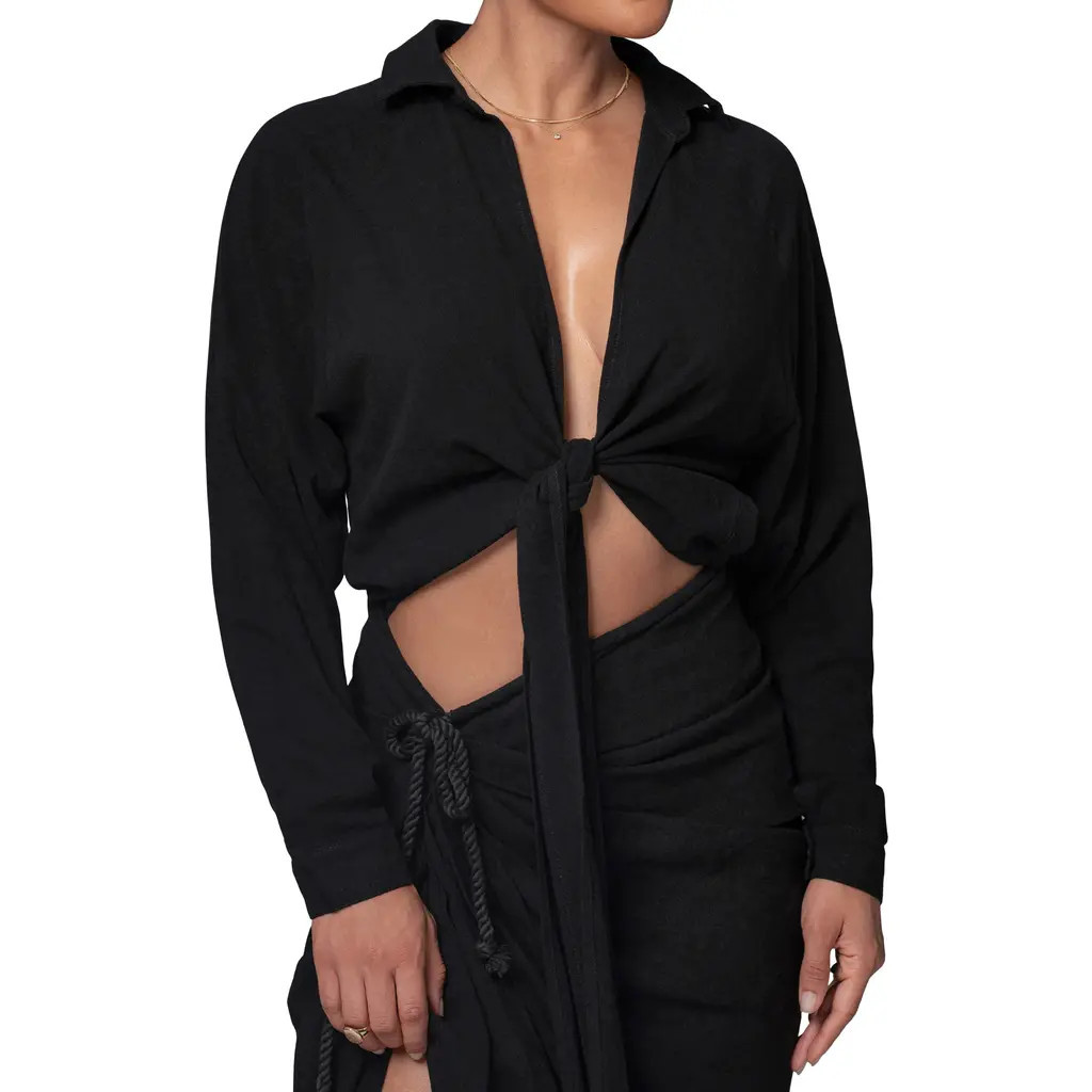 JLUXLABEL Soho Tie Front Crop Shirt in Black at Nordstrom, Size Medium | Nordstrom