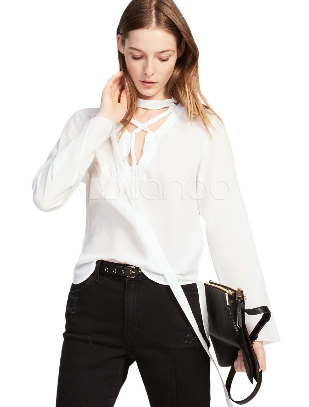 White Blouse Women V Neck Long Sleeve Lace Up Top | Milanoo