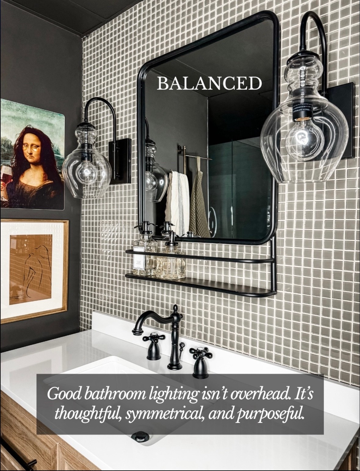 Balanced, intentional, and timeless ✨
This bathroom vanity shows how thoughtful bathroom lighting makes all the difference. Symmetrical wall sconces with clear glass shades provide soft, even illumination around the black-framed mirror, while matte black fixtures ground the space with contrast. Paired with a white quartz countertop, undermount sink, mosaic tile backsplash, and warm wood vanity, this setup feels functional, elevated, and perfectly layered. Proof that great vanity lighting isn’t overhead—it’s purposeful and well-placed. Linked on LTK 🤍

#eanesinteriors #bathroomlighting #vanitylighting #wallsconces #bathroominspo #classicbathroom #mosaictiles #blackfixtures #modernclassic #ltkhome #ltkinspo

#LTKHome #LTKOver40 #LTKSeasonal