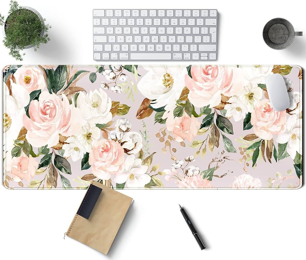 Pink Flowers Keyboard Pad PC Gaming Desk Mat Desk Mouse Pads Green Leaves Floral Mouse Pad Large,... | Amazon (US)
