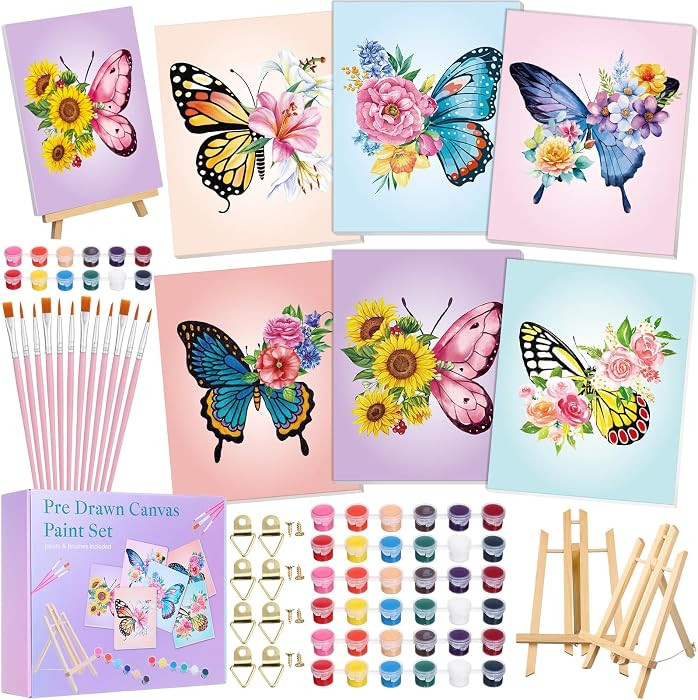 Engrowtic 57 Pcs 6 Set Butterfly Sip and Paint Kit for Adults 8'' x 10'' Pre Drawn Canvas Set for... | Amazon (US)
