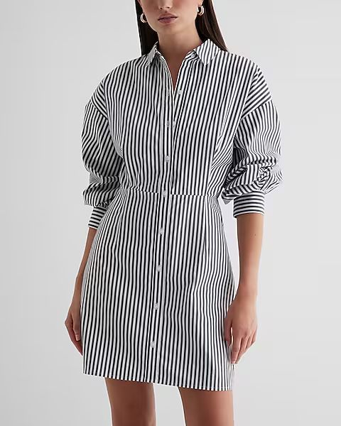 Striped Fitted Poplin Mini Shirt Dress | Express