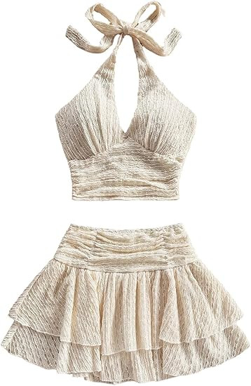 SOLY HUX Women's 2 Piece Beach Vacation Outfits Summer Ruched Halter Crop Top and Ruffle Mini Ski... | Amazon (US)