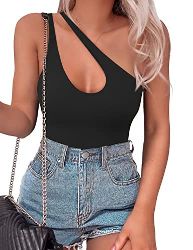 SAUNGKUAI Women's Sexy One Shoulder Sleeveless Cutout Thong Bodysuit Tank Top Body Suits V Backless Tummy Control Shapewear Black M | Amazon (US)