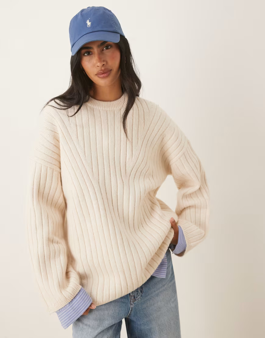 ASOS DESIGN longline crew neck sweater in rib in cream-White | ASOS (Global)