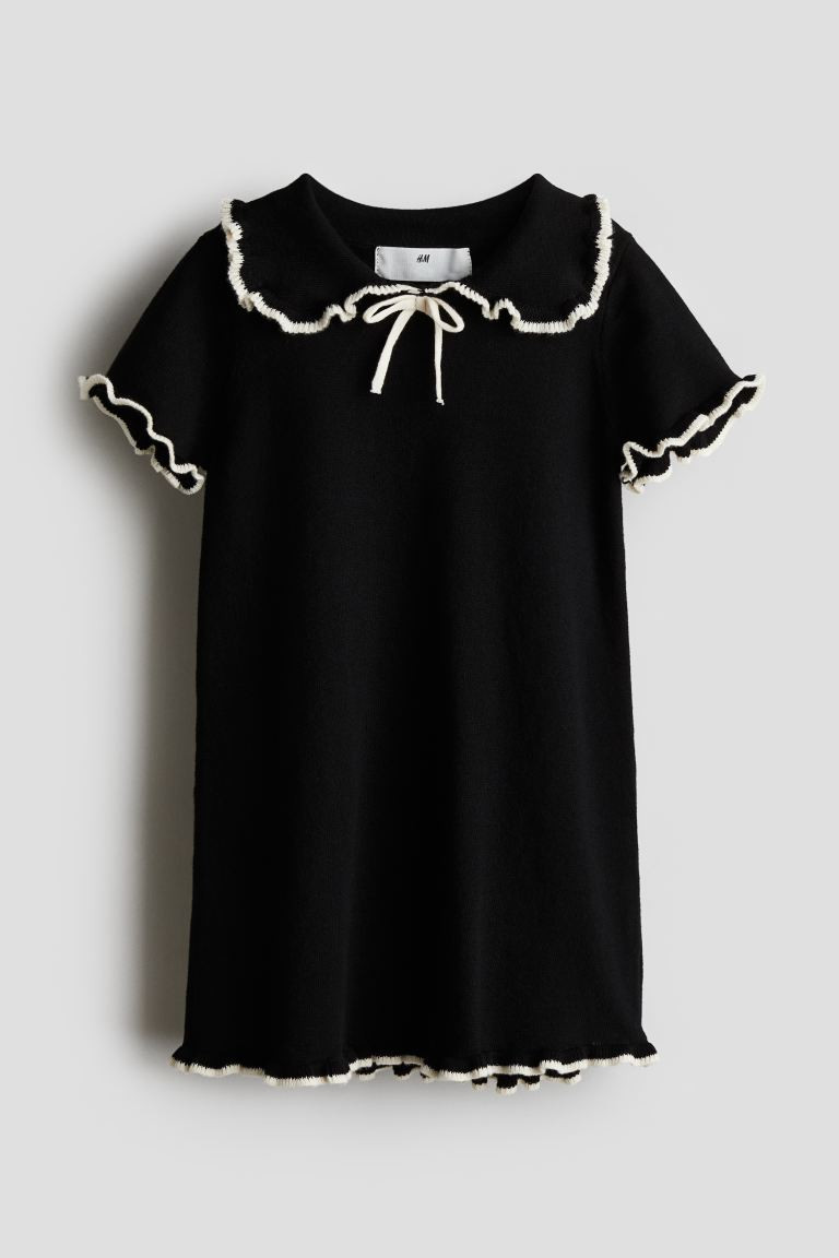 Ruffle-Trimmed Fine-Knit Dress - Short sleeve - Knee-length - Black - Kids | H&M US | H&M (US + CA)