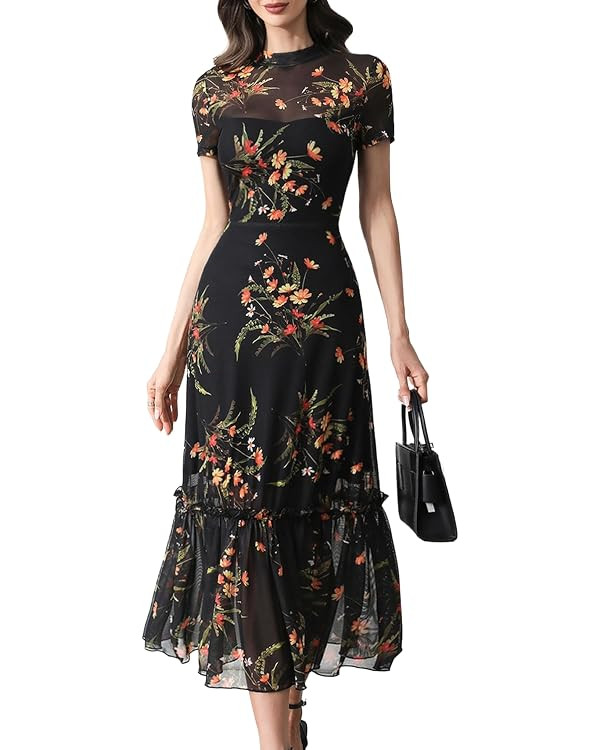 GothDark Women's Summer Floral Mesh Ruffle Dress Short Sleeve Round Neck Waist Cinched Casual Max... | Amazon (US)